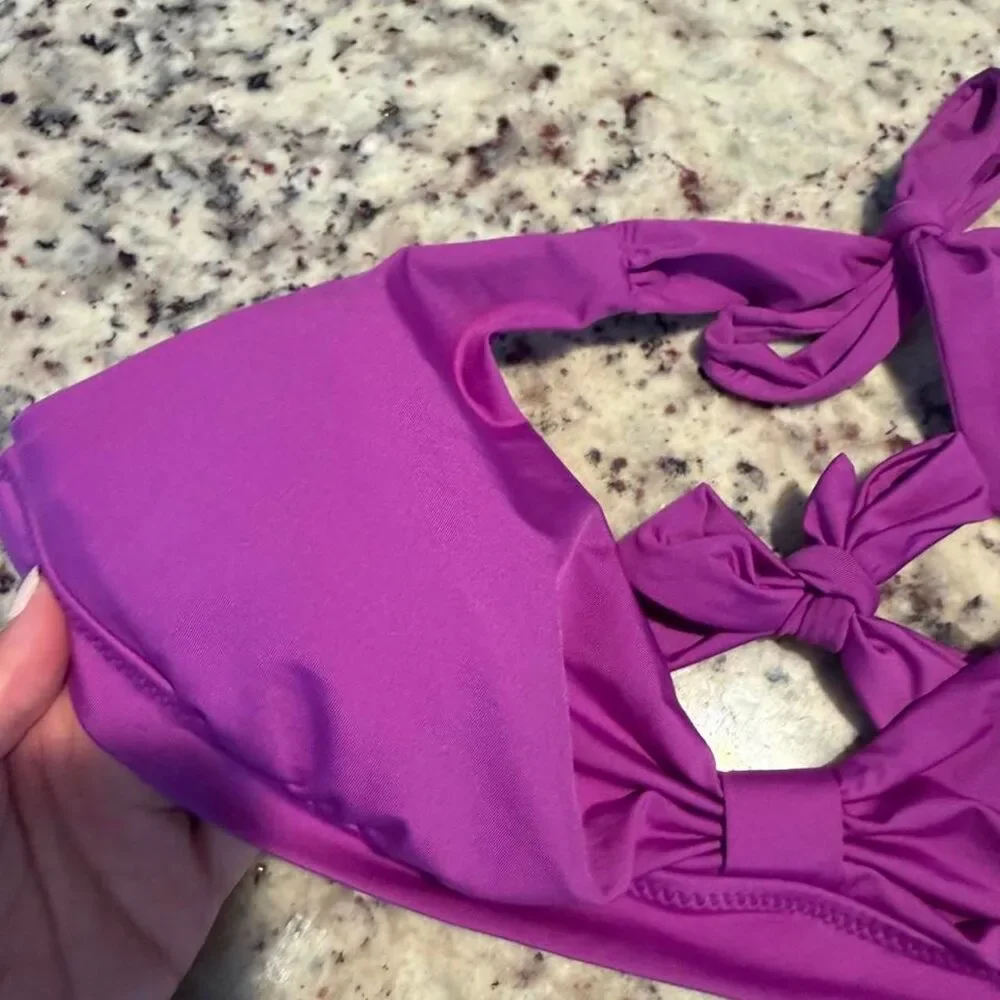 BCBG Purple Halter Bikini Top Women's Size L Tie Back Adjustable Straps NWT